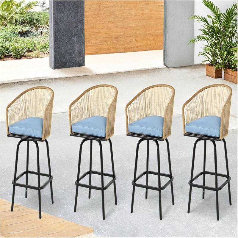 Outdoor Patio Bar Stools w/Armrest,All Weather Rattan Bar Chairs 4 PCS