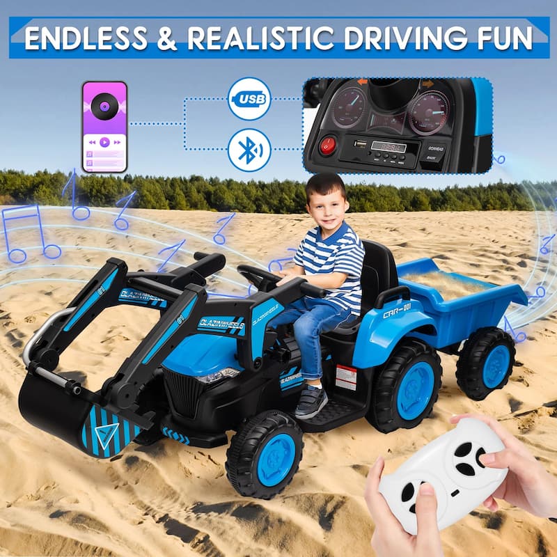 Electric Vehicles with Remote Control, Digger, LED Lights, Music, Ride On Car Toy for Kids