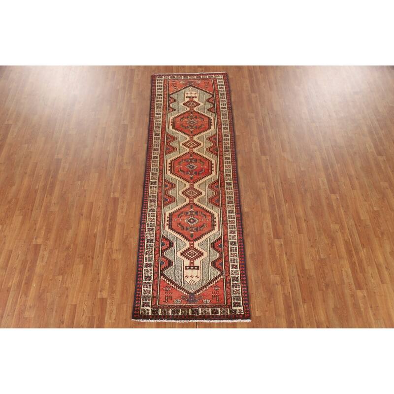 Geometric Ardebil Persian Vintage Runner Rug Handmade Wool Carpet - 3'3"x 10'1"