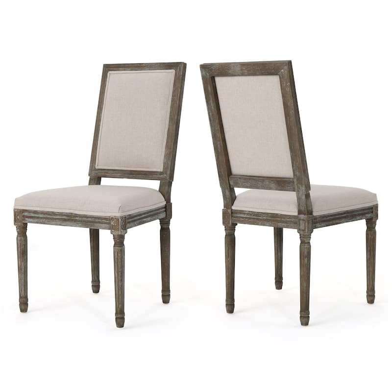 Traditional Style Dining Chairs with Weathered Wood Finish and Fabric Upholstered Seat, for Dining Rooms, Set of 2