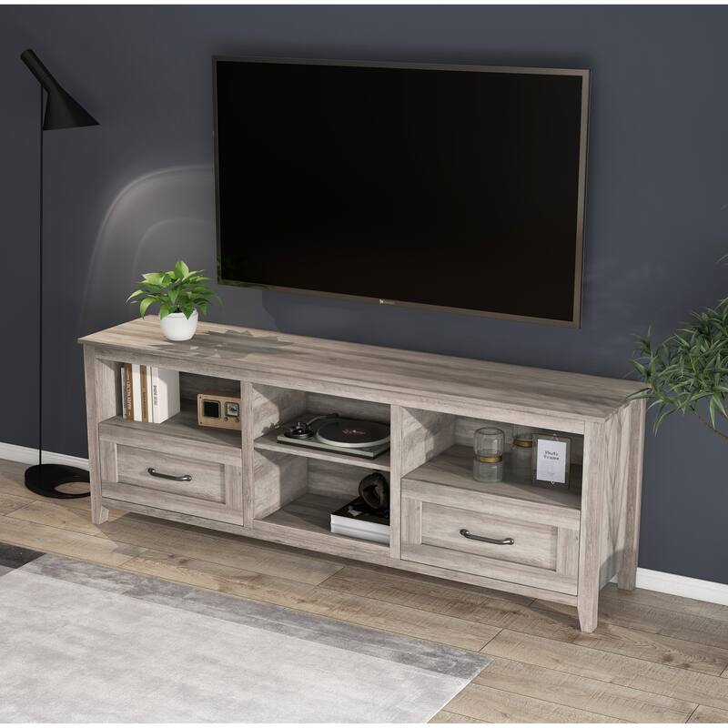 Contemporary TV Stand with 4 Open Storage Compartments and 2 Drawers, Fits 60 TVs, 70 W.