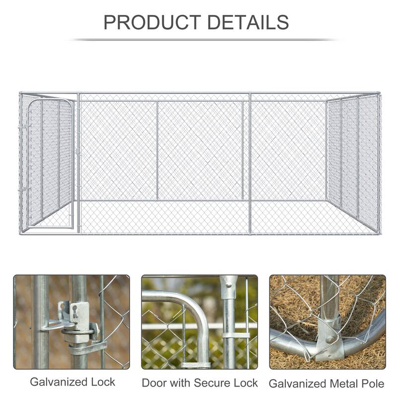 PawHut Outdoor Dog Kennel Galvanized Chain Link Fence Heavy Duty Pet Run House Chicken Coop with Secure Lock Mesh Sidewalls