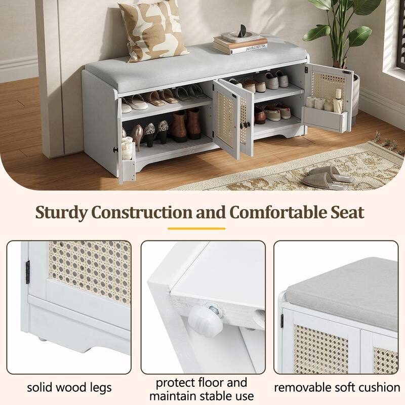 Rustic Storage Bench with Removable Cushion, Woven Rattan Doors & Adjustable Shelves