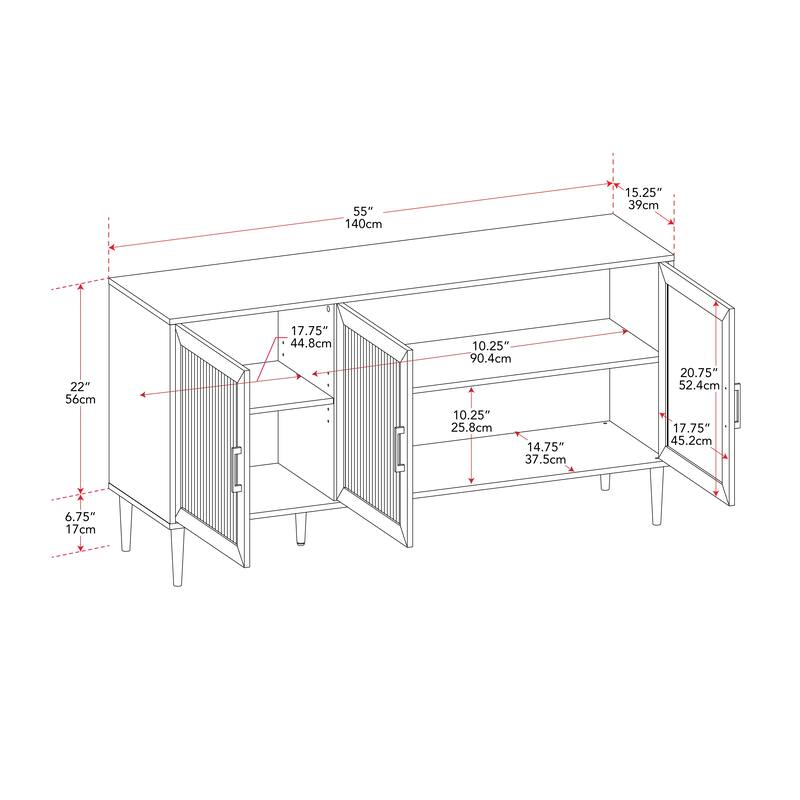 Ethan 3 Fluted Glass Door Buffet Sideboard with Shelves