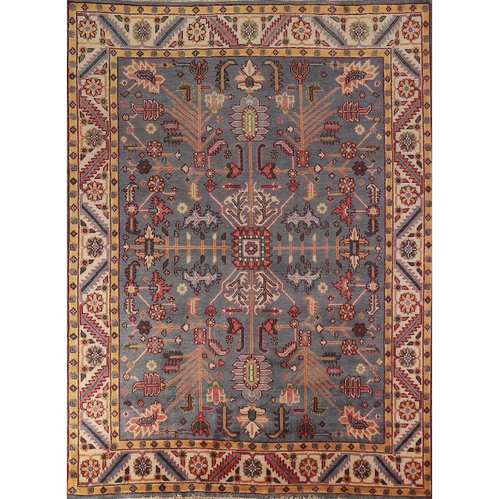 Gray Blue Geometric Oushak Oriental Area Rug Hand-Knotted Wool Carpet - 7'10" x 9'10"