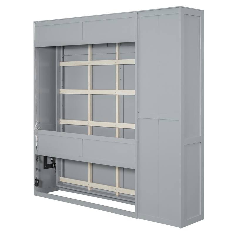 Space-Saving Full Size Wall Bed with Shelves, Wardrobe, and LED Lights in Gray