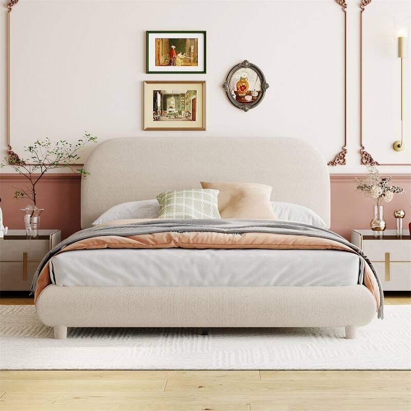 Full/Queen Size Teddy Fleece Upholstered Bed with Thick Fabric, Platform Bed Frame with Headboard & Stylish Curve-shaped Design