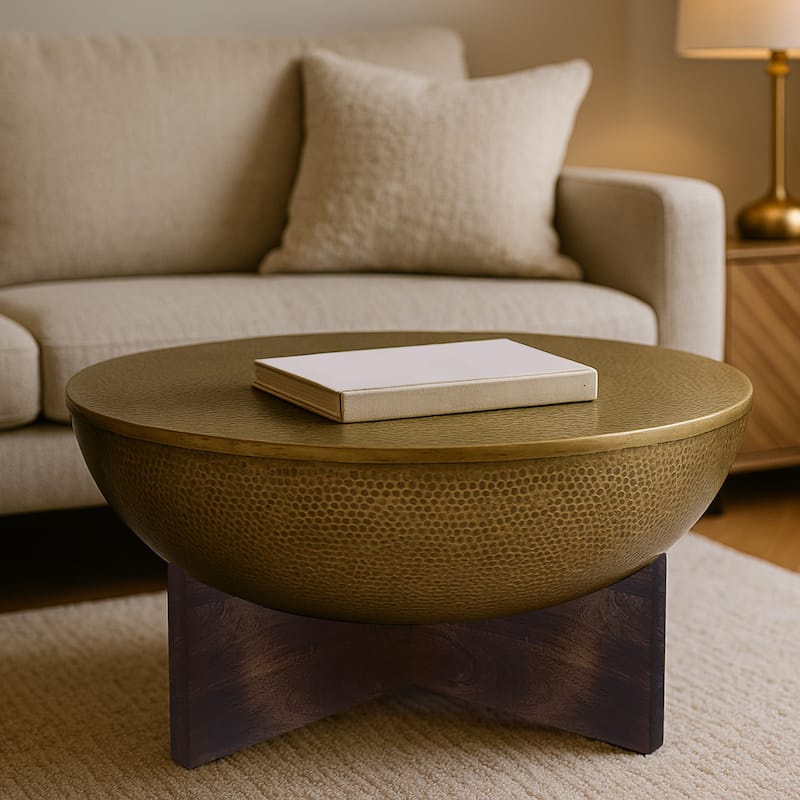 Arden Coffee Table, Round Hammered Metal Top, Mango Wood Base, Antique Brass