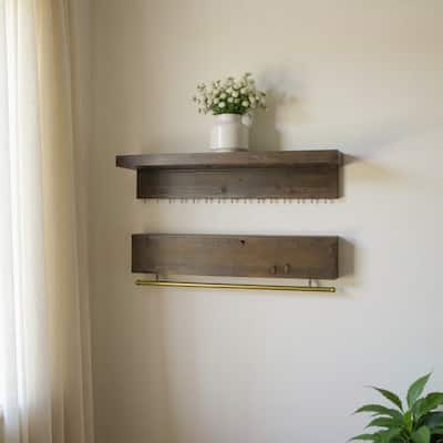 HomeRoots Set Of Two Brown Wood Wall Mounted Accent Shelves With Hooks - 32.00 in. x 6.00 in. x 6.00 in.