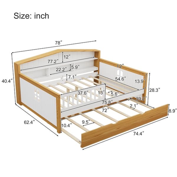 Full Size Wood House Shape Daybed with Trundle and Bookcase Headboard for Girls Boys Teens for Bedroom