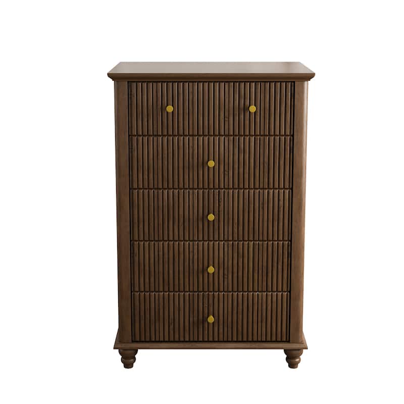 Fluted 5 Drawer Dresser, 45 Inch Tall Modern Chest of Drawers, Bedroom Dresser with Metal Handle, Wooden Drawer Organizer