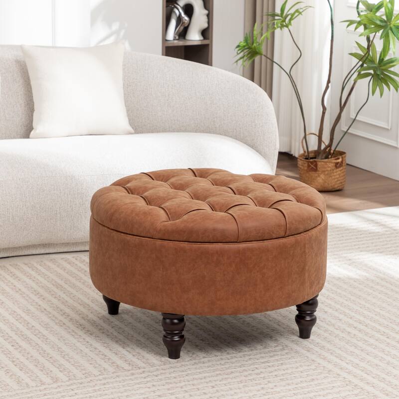 SEYNAR 29.5''Modern PU Leather Round Storage Ottoman with Wood Legs - Brown