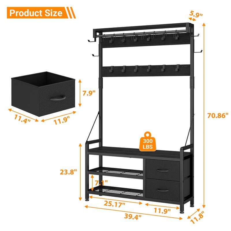 6-in-1 39.4"Hall Tree with Bench Entryway Shoe Rack w/24 Hooks & 2 Drawers