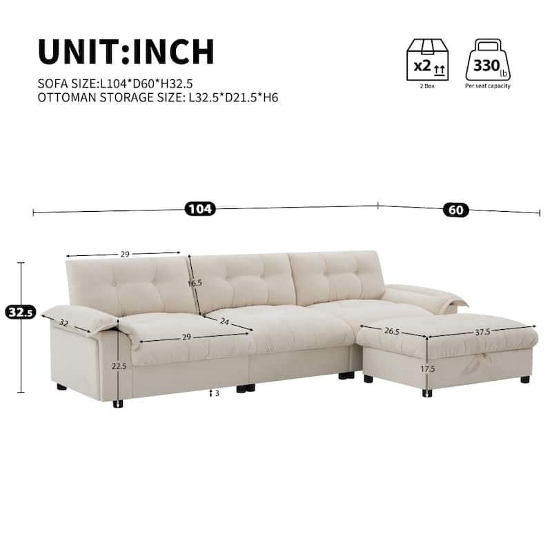 104*60" Modern Chenille L-shape Sectional Sofa with Dual-port Charging and Cup Holder