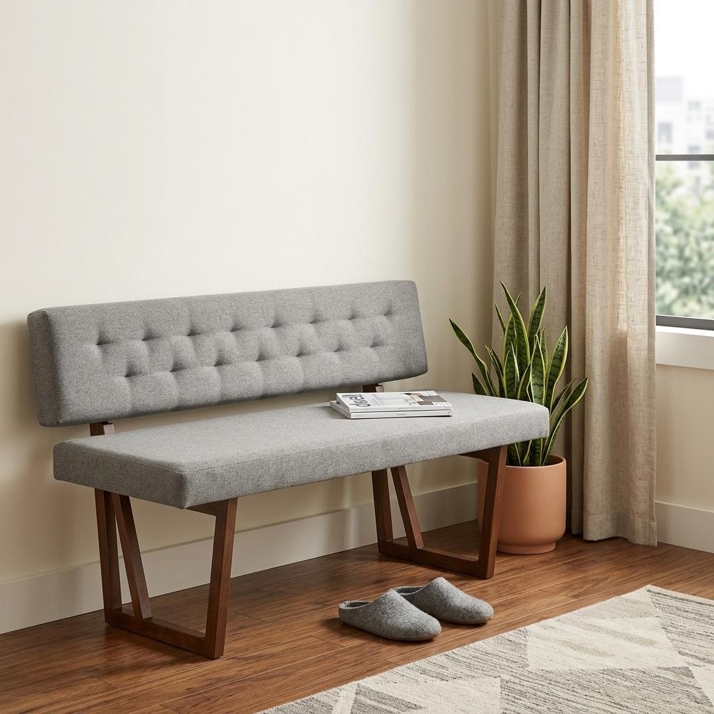 HomeRoots 63" Gray and Brown Upholstered Linen Blend Dining Bench - 63.00 in. x 31.00 in. x 23.00 in.