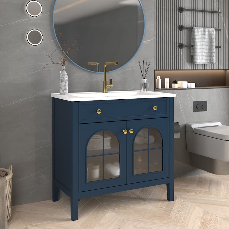 35.6-Inch Mid-Century Bathroom Vanity Sink with Patterned Glass & Motion-Sensor Light, Farmhouse Storage Vanity