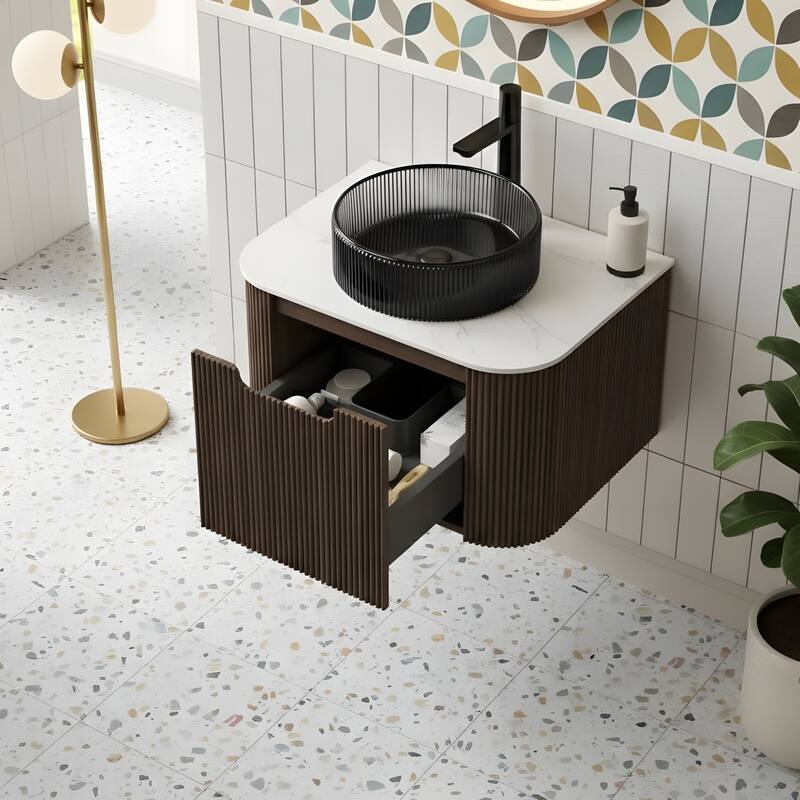 Wall Mounted Bathroom Vanity with Transparent Black Round Glass Basin