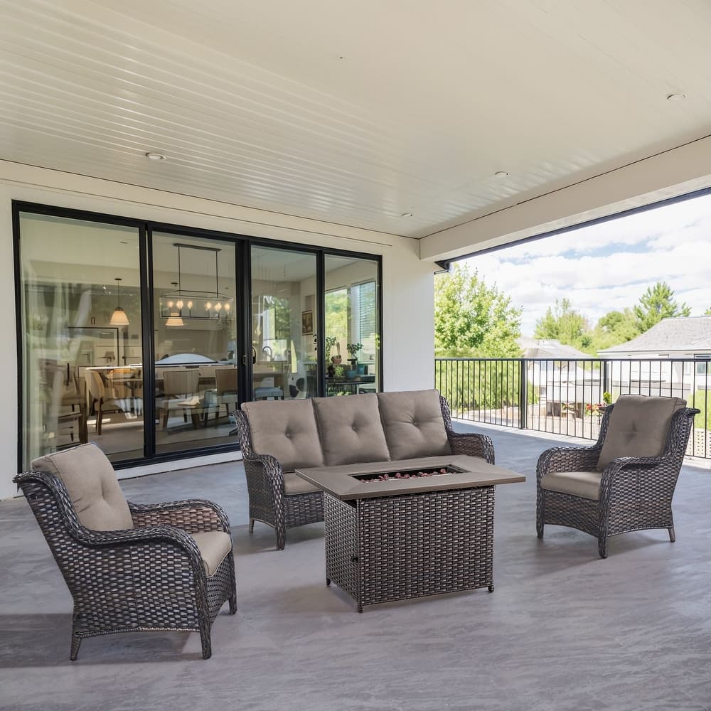 Gymojoy 4-Piece Outdoor Wicker Patio Furniture with Fire Pit Table, Rattan Coversation Set with Water Resistant Thick Cushions