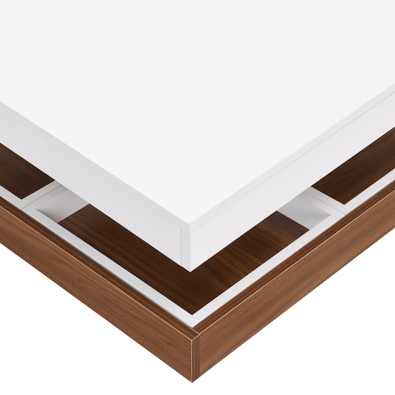 Roomfitters 360° Rotating Coffee Table with Storage, Modern Square 2-Tier Wood Center Table with Three Removable Trays