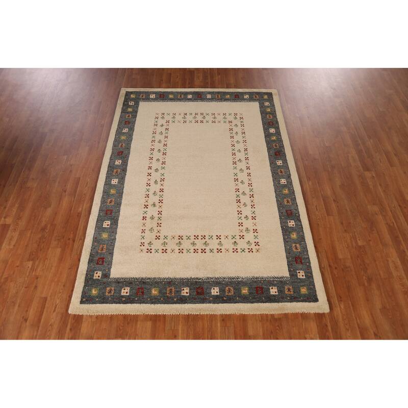 Geometric Beige Gabbeh Area Rug Hand-Tufted Wool Carpet - 5'3" x 7'7"