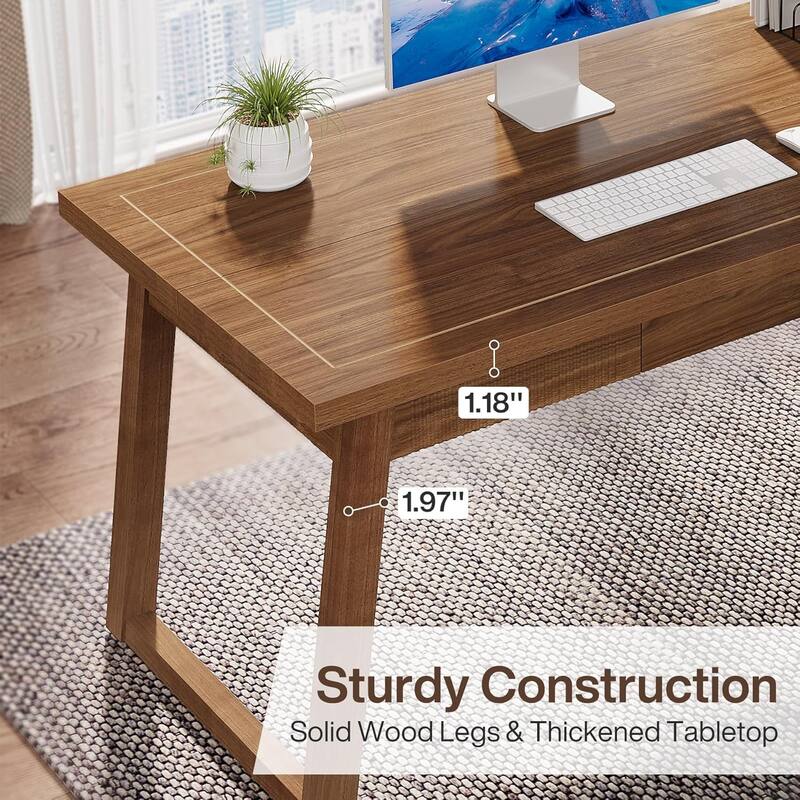 55" Mid-Century Modern Executive Desk with Drawer Rustic Walnut Brown