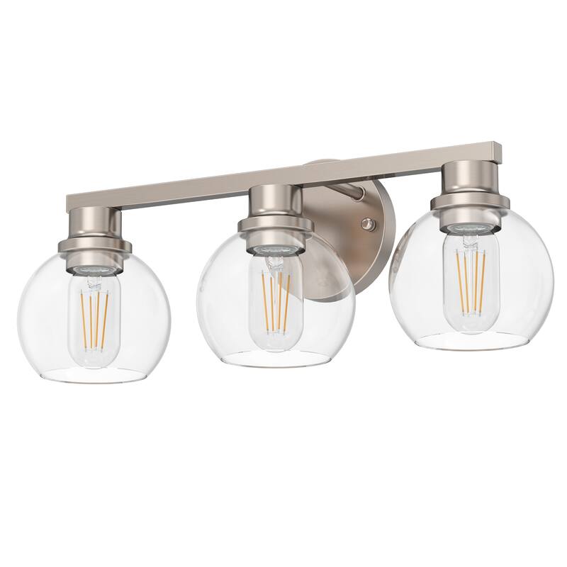 YANSUN 3-Light Mirror Vanity Light, Satin Nickel Base, E26 Sockets, Large Clear Globe Shades for Elegant Bathroom Décor