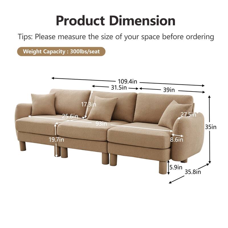 109.4" 3-Seater Modern Upholstered Sofa Couch, Deep-Seat Sectional Sofa with Shell-Shaped Armrests, Leisure Sofa for Living Room