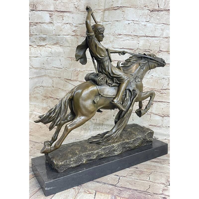Arabian Arab Warrior On Imitative Horseback Bronze Statue Sculpture Figure On Marble Base