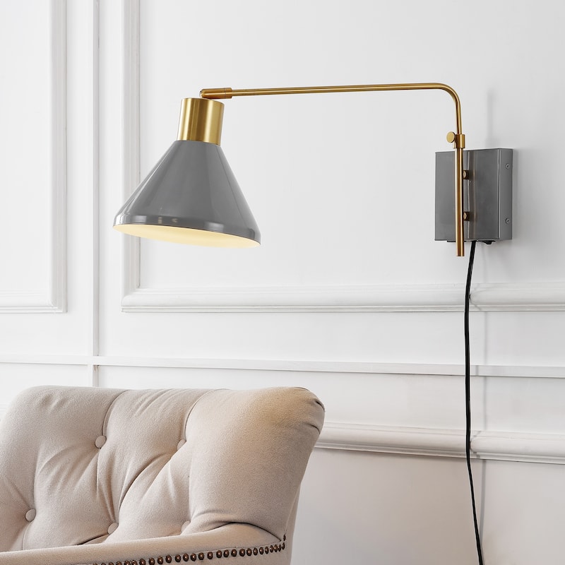 Justina Swing Arm 1-Light Modern Midcentury Iron USB Charging Port LED Sconce, by JONATHAN Y - Gray