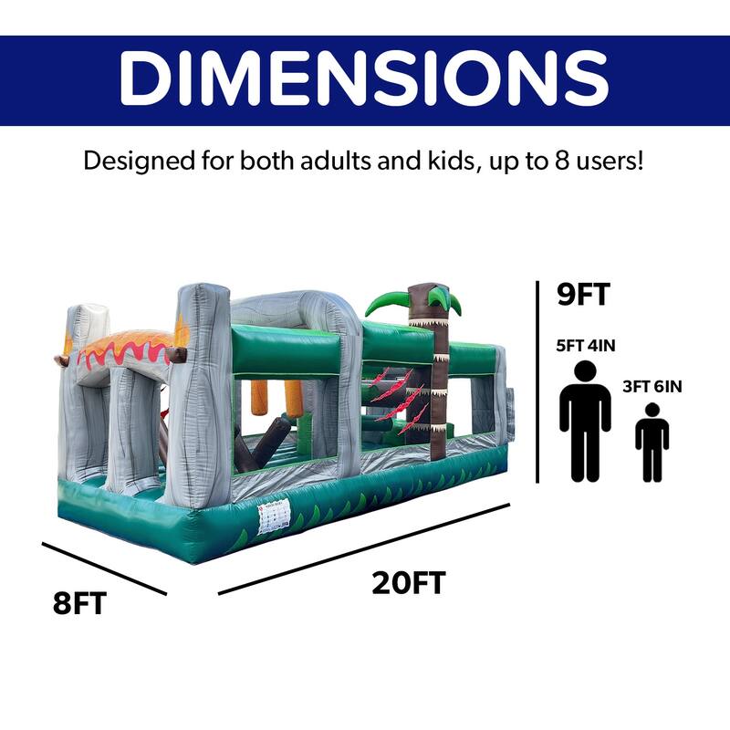 HeroKiddo T-Rex Adventure 20' Inflatable Obstacle Course, Commercial Grade PVC Vinyl, for Kids and Adults, Air Blower Included