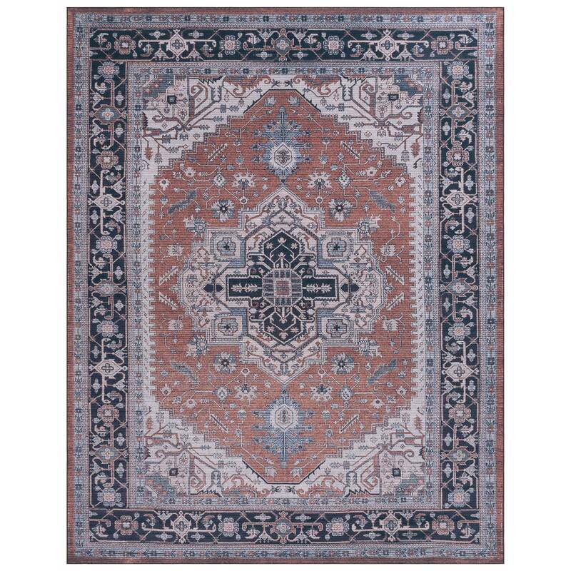 SAFAVIEH Tucson Machine Washable Slip Resistant Emmer Traditional Rug - 9' x 12' - Rust/Navy