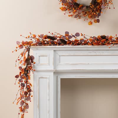 Glitzhome 72"L Fall Harvest Dahlia Pumpkin Berry Eucalyptus Floral Artificial Garland