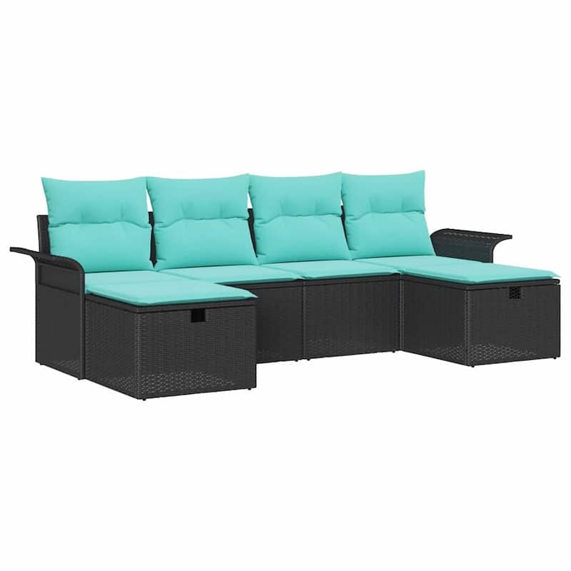 vidaXL 6 Piece Garden Sofa Set with Cushions Black Poly Rattan - 98.8×46.1×27.2