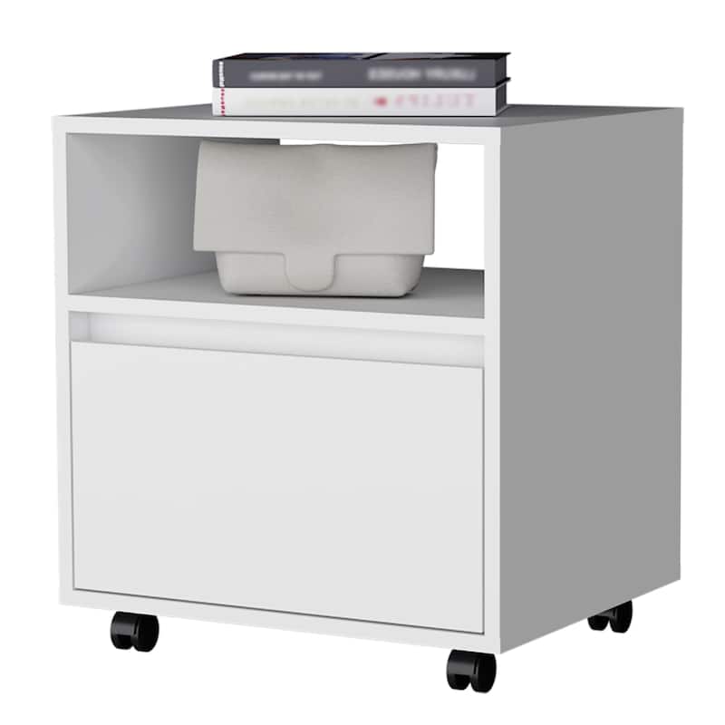 Compact and Stylish White Nightstand with Durable Construction and Four Caster Wheels