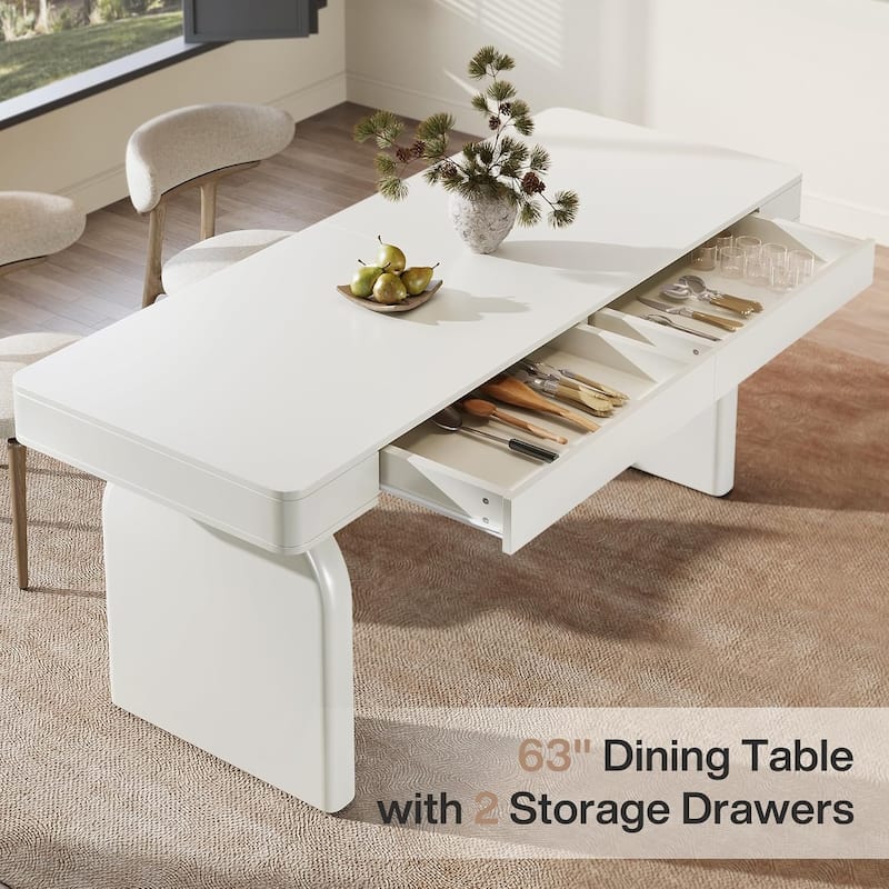 63-Inch Modern Dining Table with 2 Storage Drawers, Rectangular White Glossy Kitchen Table