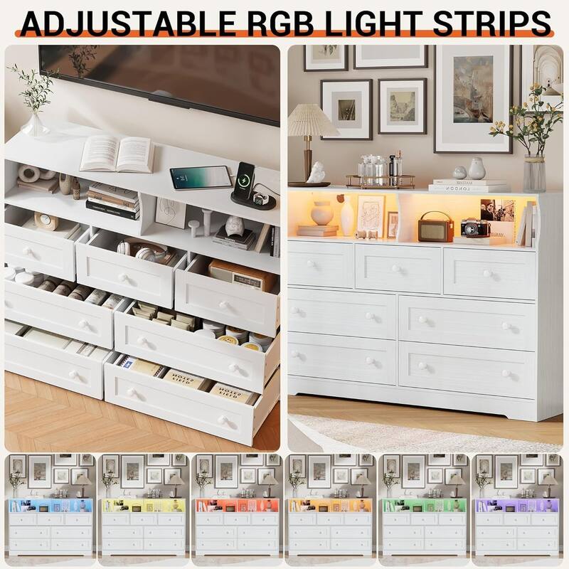7 Drawer Dresser TV Stand for Bedroom with Charging Station & LED Lights
