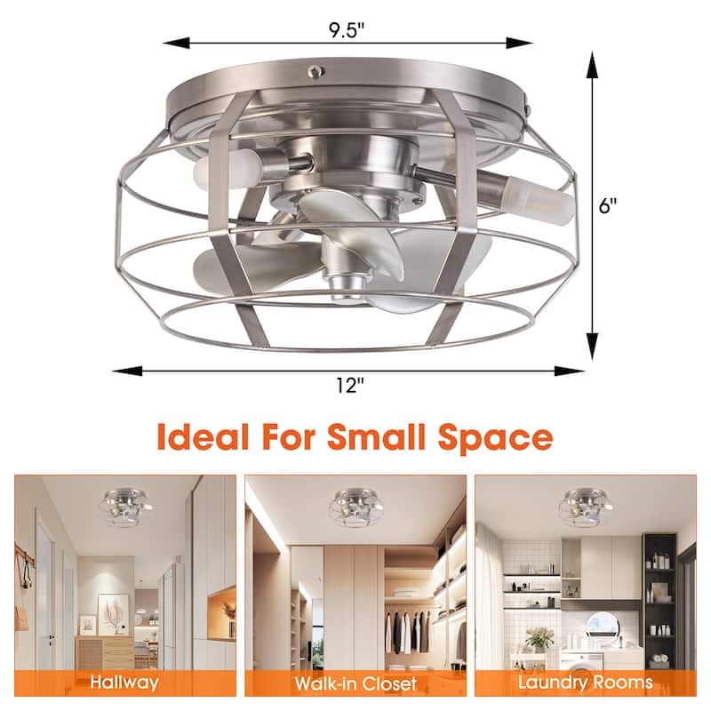 Industrial 3-Light Metal Caged Low Profile Ceiling Fan with Light