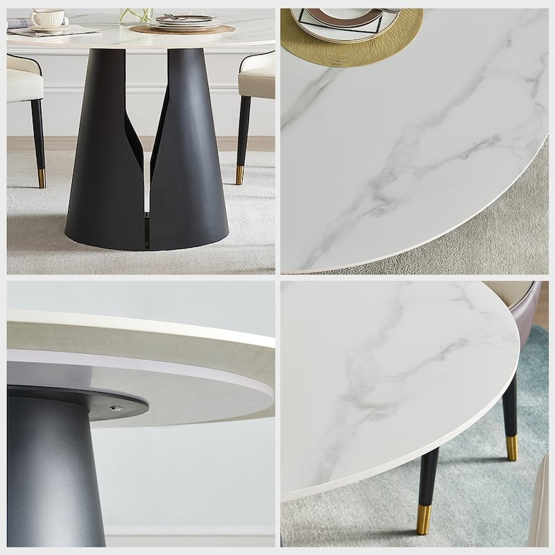 Modern Round White Dining Table, Matte Sintered Stone Tabletop, Solid Black Carbon Steel Base