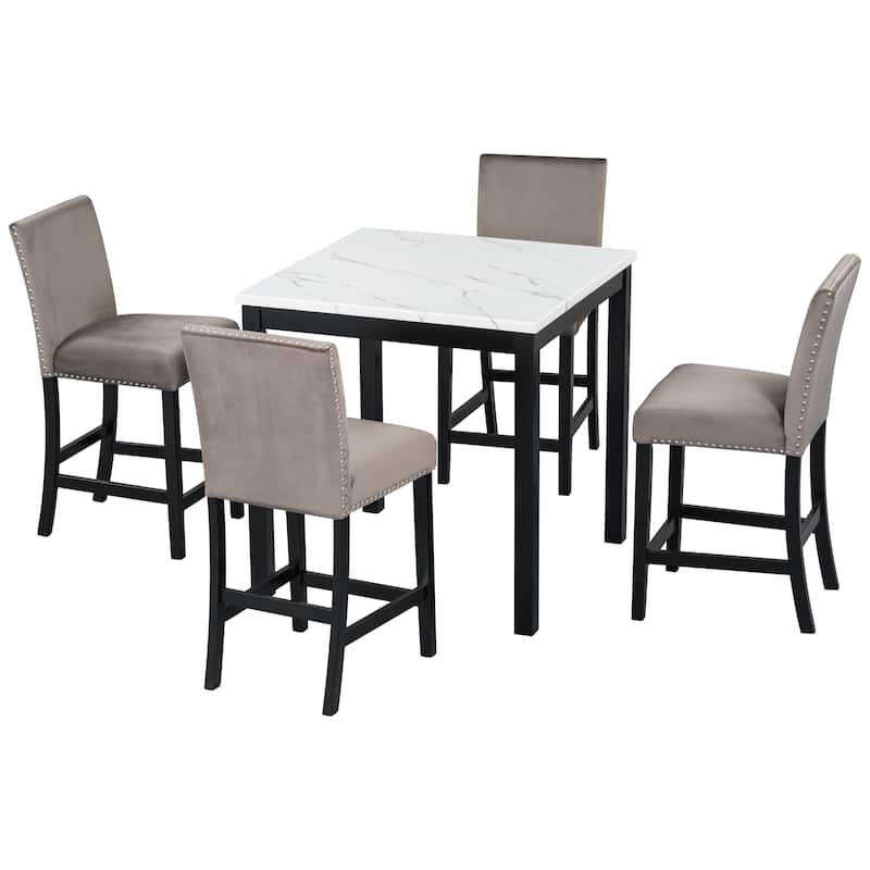 5 Piece Dining Table Set, Counter Height Dining Table Set with Faux Marble Dining Table and 4 Upholstered Chairs
