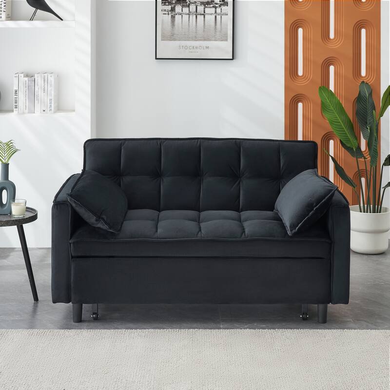 Modern 3 in 1 Convertible Black Velvet Sofa Bed with Pillow - Multi-Color