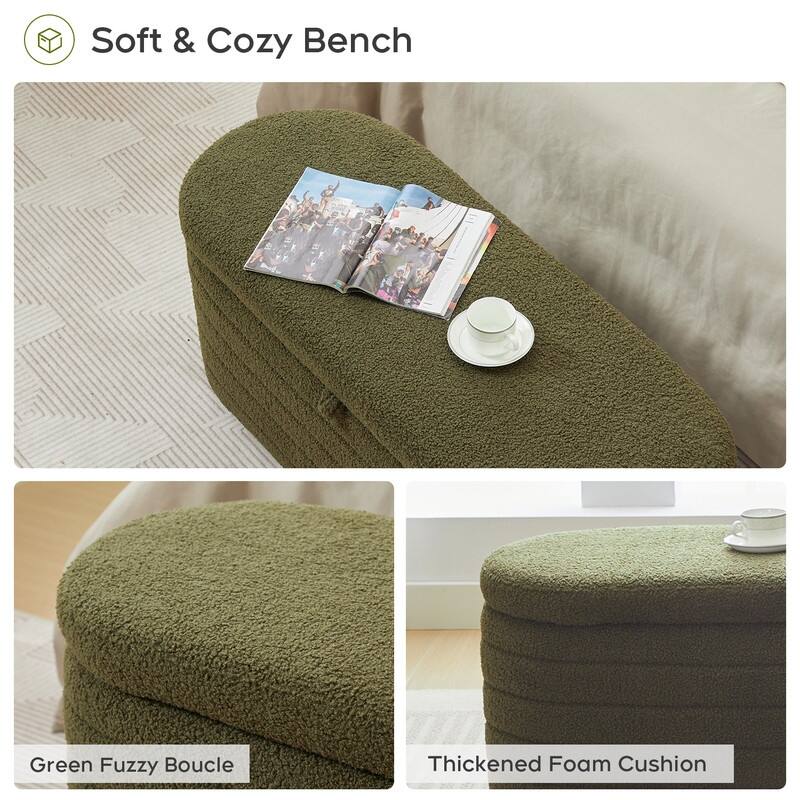45" White Teddy Storage Ottoman Bench for Living Room Bedroom,Oval Sherpa Storage Bench Ottoman Foot Rest Anti-slip Legs