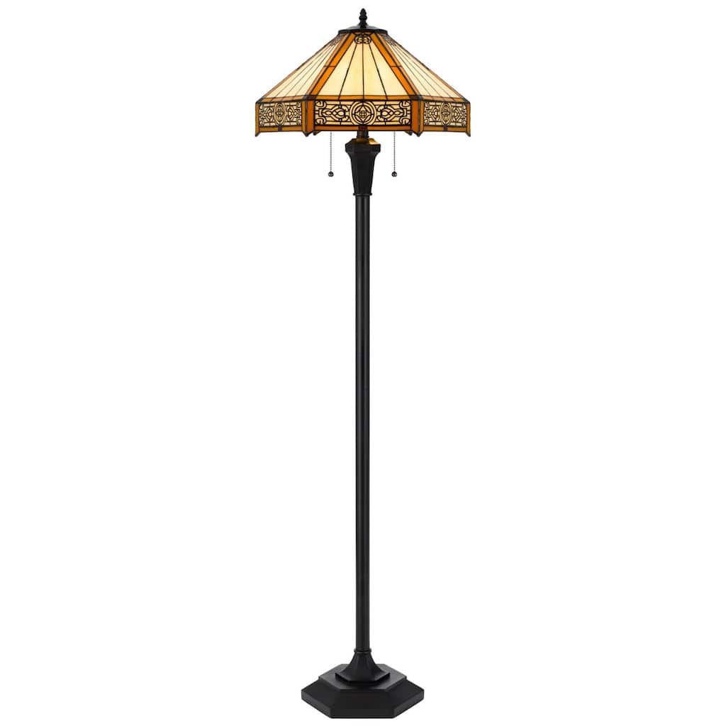 60 Inch Bronze Two Light Floor Lamp with Tiffany Glass Shade - 18" x 18" x 60"
