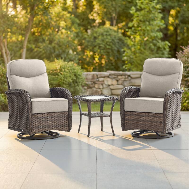Pocassy Outdoor Wicker Patio Sofa with Swivel Chair Ottoman Sets - Brown Wicker Beige Cushion - 3-Piece Swivel Chair  with Side Table