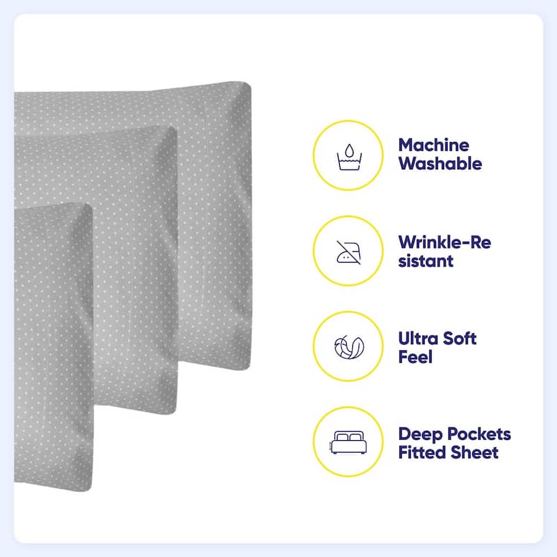 6 Piece Dot Print Bedroom Bed Sheet Set- Grey