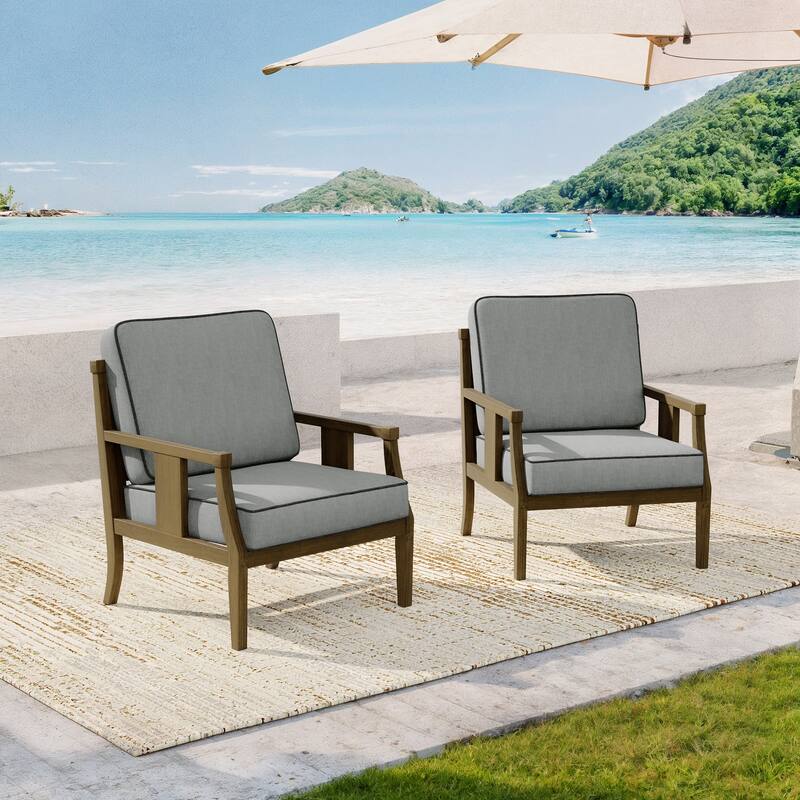 2 Set Brown Wood Outdoor Accent Club Chairs with Water-Resistant Cushions