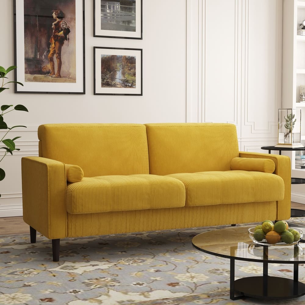 Corduroy Solid Wood Legs Modern Loveseat Sofa with Bolster Pillows