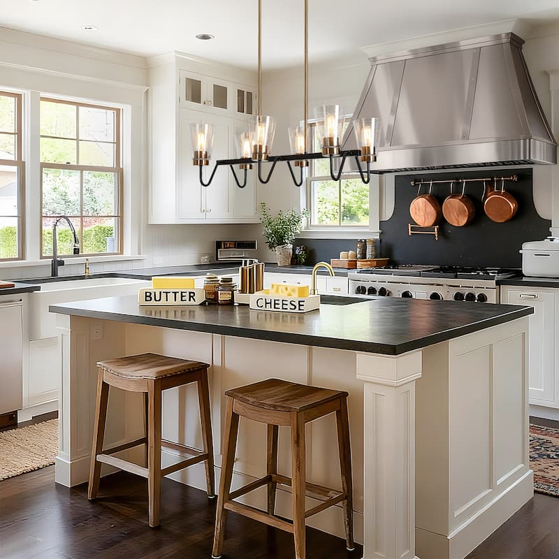 Modern Farmhouse 6-Light Black Gold Linear Chandelier Cone Glass Kitchen Island Pendant Lights - 27.5"L