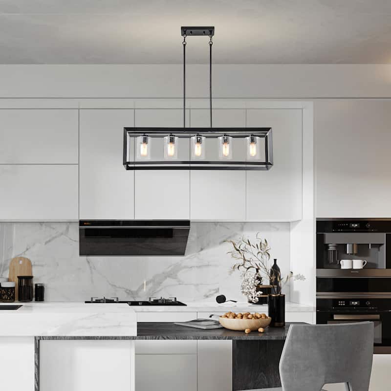 Antique Black 5-Light Rectangular Kitchen Island Chandelier with Seedy Glass Shades