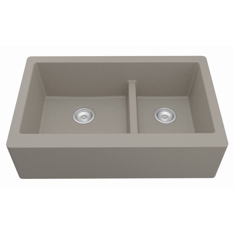 Karran Farmhouse/Apron-Front Quartz Double Bowl Kitchen Sink - Concrete