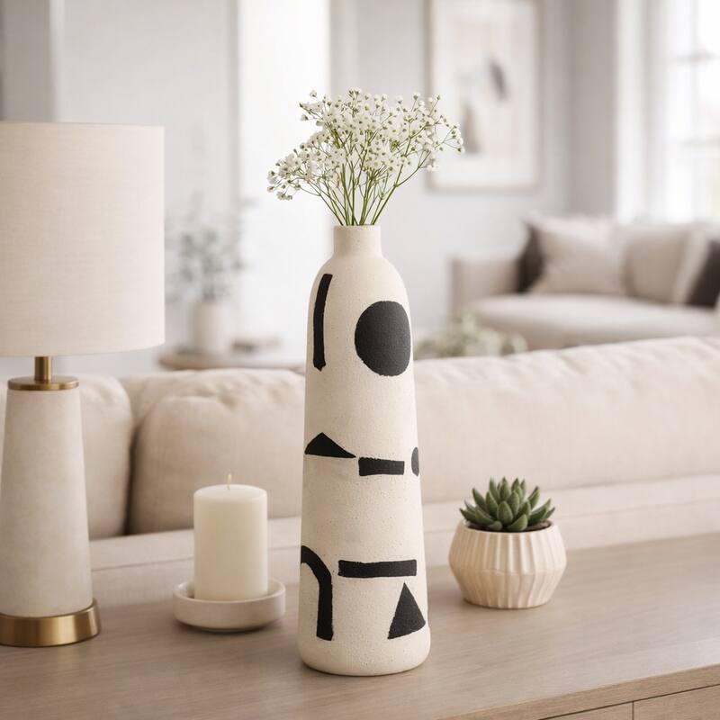 Ceramic Cylinder Geometric Funky Vase - Ivory, 15" - Ivory/ Black - 15.0"